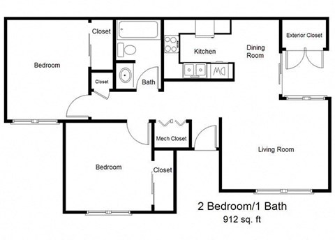 Floor plan for 2 beds, 1 bath, 912 sqft